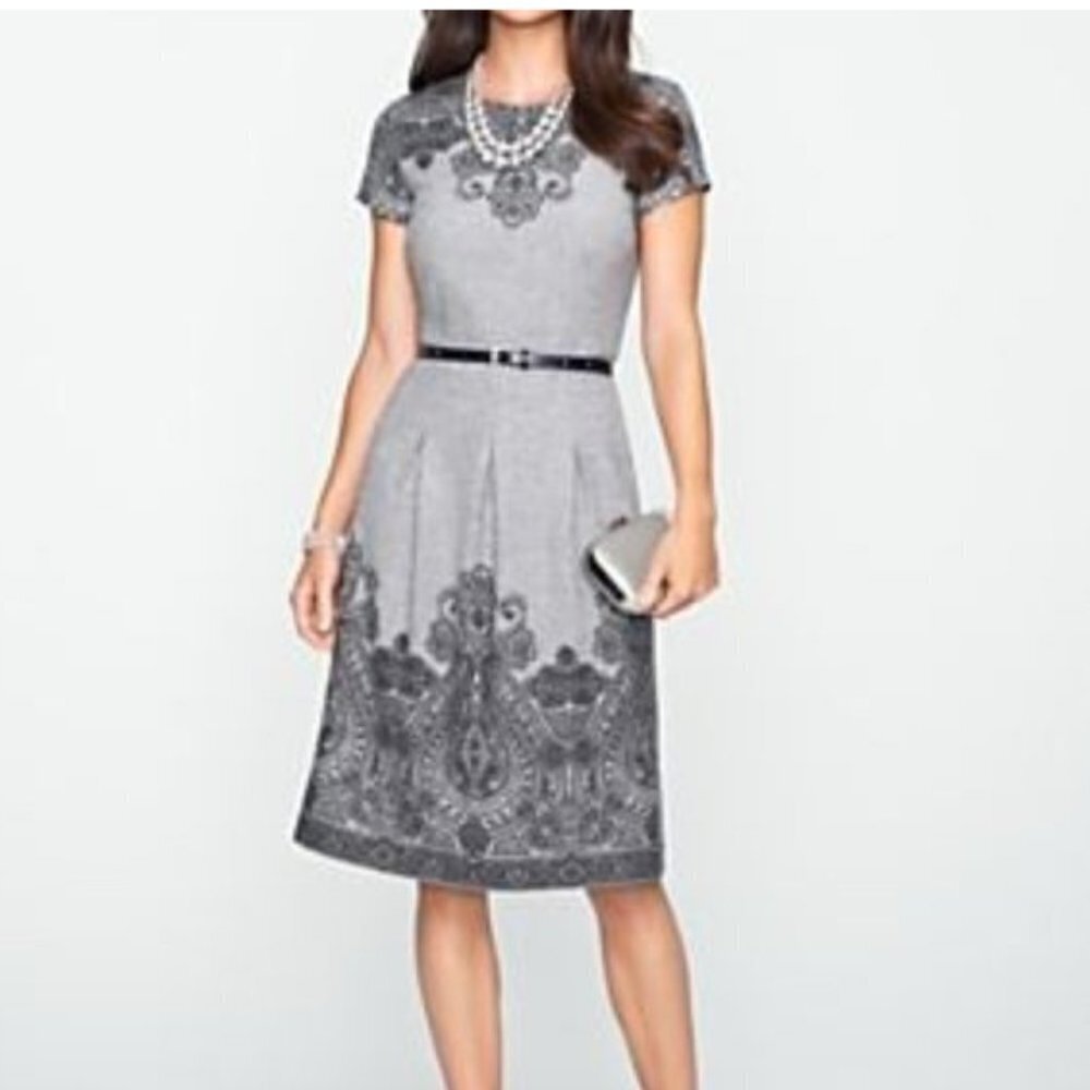 NWOT Talbots Wool Fit & Flare Paisley Print Pleated Cap Sleeve Dress Gray/Black